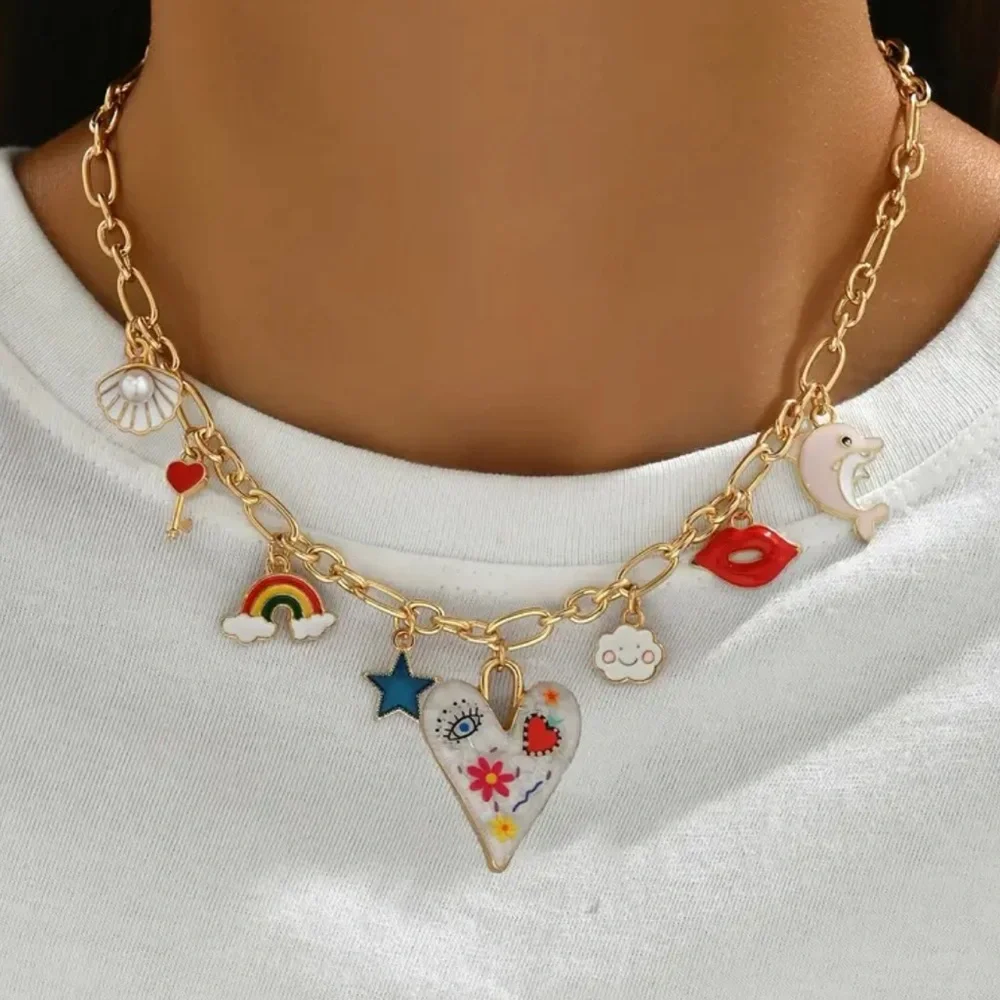 NEW Gold Charm Necklace with Colorful Accents